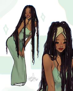a drawing of a woman with long dreadlocks and a green dress, standing in front of a white background