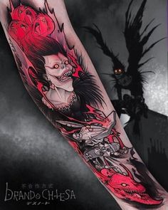 a person with a tattoo on their arm next to a black and red demon face