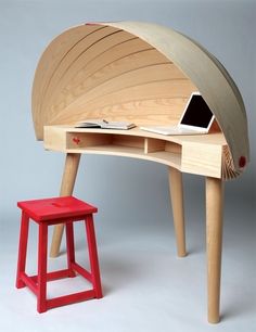 Wood Furniture / Duplex Workspace Retractable Hooded Desk by Sophie Kirkpatrick » Yanko Design Office Desk Designs, Workspace Desk, Desk Design, Office Desk, Modern Office Desk Design, Modern Office Desk, Modern Computer Desk, Simple Desk, Curved Desk