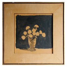 a painting with white flowers in a brown vase on a black and tan background,