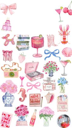 an assortment of pink and blue items on a white background