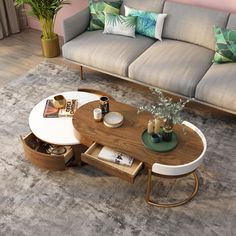 a living room with a couch, coffee table and other items on the carpeted floor