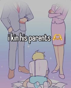 two people standing next to each other with the words i kin his parents
