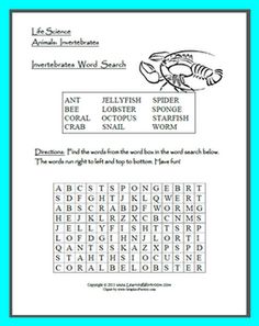 an animal word search page with the words crab and seahorse on it's side