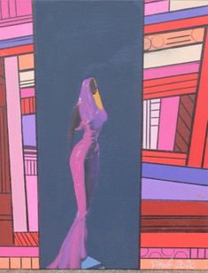 a painting of a woman standing in front of a mirror with pink and purple colors