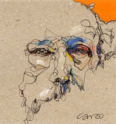a drawing of an old man's face with orange and blue highlights on it