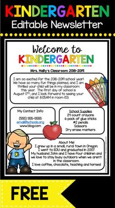 FREE Welcome to Kindergarten newsletter - EDIT and print to send during Back to School season or Open House - adorable Meet the Teacher letter FREEBIE Primary School Education, Kindergarten Teachers, School Year, Kindergarten Newsletter, Meet The Teacher Template, Kindergarten Class, Kindergarten First Day