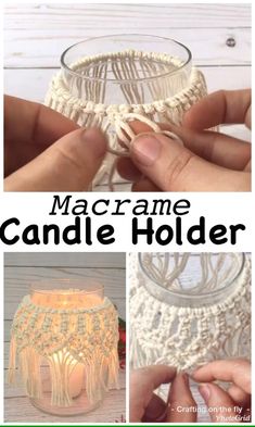 crocheted candle holder made from lace and yarn with text overlay that reads, macrame candle holder