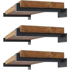 two wooden shelves with metal brackets on them