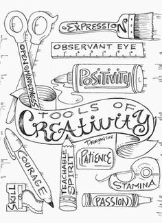 a black and white drawing of some writing on paper with the words creativity written below it