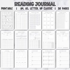the printable reading journal is shown in black and white, with different pages on each page