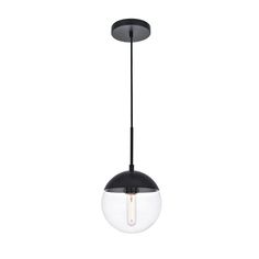 a black and white light hanging from a ceiling fixture with an oval glass ball in the center