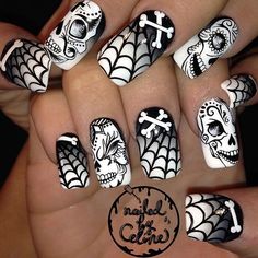 Ghoulish greyscale gradient nails complete with spooky sugar skulls and spiderwebs for the one and only @angelinagalvis_  #nailedbyceline #nailart Gothic Nails, Halloween Nail Art, Cute Halloween Nails, Halloween Nail Designs