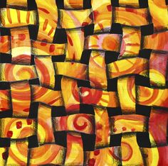 an abstract painting with yellow and red colors on black paper, which is made up of squares