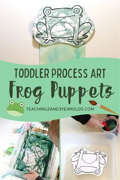This toddler frog craft involves two steps: mixing colors with golf balls and squeezing watercolors. The end result is a puppet that can be used as a prop during circle time. Free frog printable included! #toddler #art #finemotor #puppet #circletime #spring #frogs #toddlerart #watercolors #printable #AGE2 #teaching2and3yearolds Golf, Crafts, Toddler Activities, Process Art, Toddler Circle Time, Toddler Spring Activities, Toddler Activities 18 Months, Kids Art Class