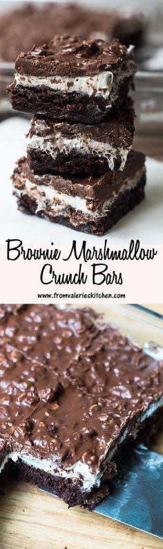 chocolate brownie marshmallow crunch bars are stacked on top of each other and the bottom one is cut in half