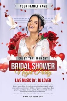 a flyer for a bridal shower party with roses and doves in the background