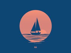 a sailboat is sailing in the ocean at sunset, with an orange and blue background