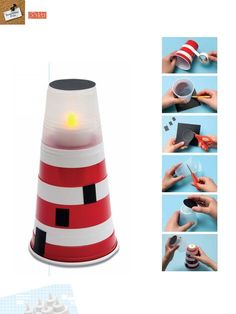 lighthouse - could be used for imaginary play-- "steering the boats"-- one child is the boat, the others are the lighthouses, work together to get the boat from one end of the room to the other! Bible Crafts, Diy Crafts, Summer Crafts, Lighthouse Crafts, Crafts For Kids, Camping Crafts