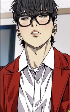 an anime character with glasses and a red jacket