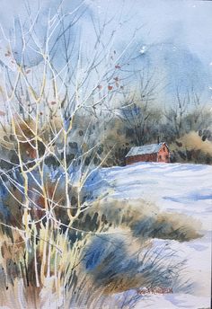 a watercolor painting of a snowy landscape with trees and a red house in the distance