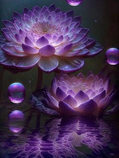 purple water lilies with bubbles floating on them