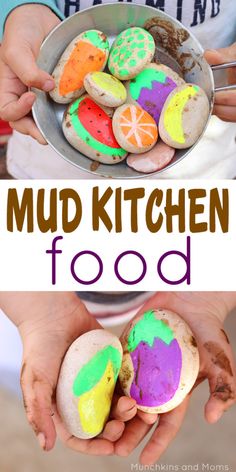 kids holding up colorful mud balls in their hands with the words mud kitchen food written on them