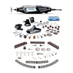 an assortment of tools including drill, screwdriver and other items