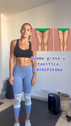 a woman standing in front of a wall wearing blue and white leggings with the words quema brasa y tonifica entrepenena