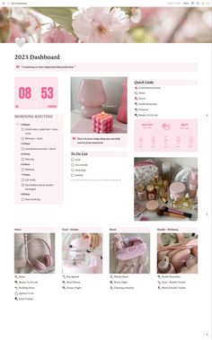 a pink website page with lots of items on it and flowers in the back ground