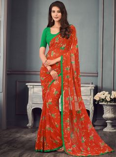 Orange Georgette Saree With Blouse 133066 Outfits, Designer Sarees, Floral, Georgette Sarees, Printed Sarees, Floral Print Sarees, Georgette