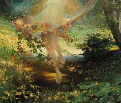 a painting of a woman walking through a forest with flowers in her hair and wings