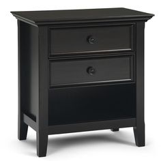 a black night stand with two drawers on one side and an open drawer on the other