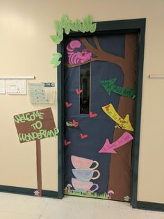 a door decorated with coffee cups and signs