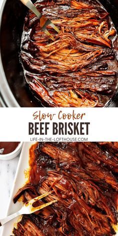 slow cooker beef brisket with bbq sauce in the crock pot and on the side