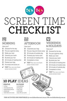 a printable screen time checklist for students to use on their laptops and tablets