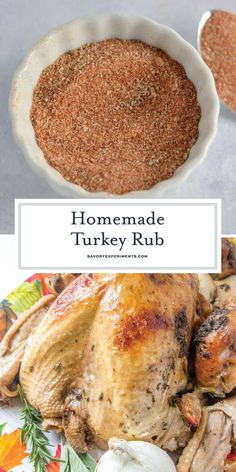 homemade turkey rub in a white bowl and on a colorful plate next to an image of roasted turkey