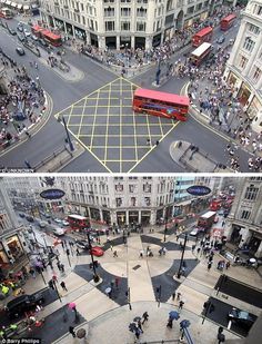 two pictures show people walking on the street in london, and an aerial view from above