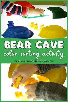 Work on preschool color recognition skills with this fun bear cave activity. Can be done on the light table or a regular table. A great addition to your winter hibernation theme! Bear Activities Preschool, Color Sorting Activities, Sorting Activities, Toddler Math, Camping Theme Preschool, Color Sorting