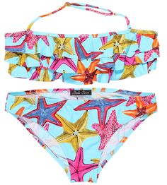 Starfish On Bright Turquoise Ruffled Bikini. Grab one of our beautiful starfish starwish bikini. We also have matching shorts for baby brothers in store Summer, String Bikinis