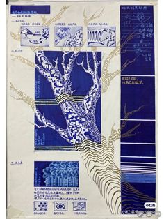 a blue and white poster with trees on it's sides, in different languages