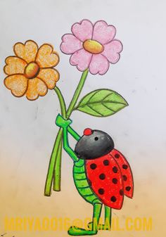 a drawing of a ladybug holding on to a flower