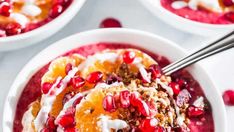 two bowls filled with fruit and yogurt