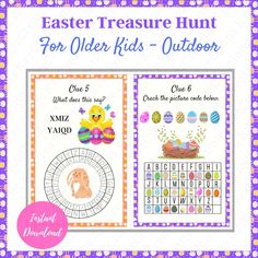 the easter hunt for older kids - outdoor cross stitch pattern is shown in purple and orange
