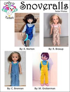 four dolls are shown with snowballs in their clothes and one doll is wearing overalls