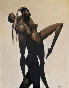 a painting of two black people standing next to each other with their arms around each other