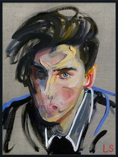 a painting of a man with black hair and blue eyes