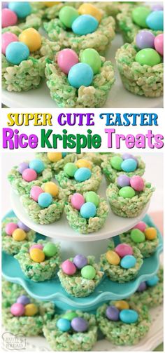 rice krispie treats are stacked on top of each other with candy eggs in them