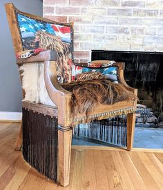 This chair is sold and can be reacted as a custom order. Please contact me first before purchasing it to make sure I have the right chair fame for you. One-of-a-kind western-style upcycled chair. I designed the highland cow image and printed it on high-end quality linen fabric. I used three natural goat-skin hides for the chair's back, sides, and seat. I aimed for three genuine leather hides to give this chair design more depth and structure. The other hides have a similar texture, and they comp Rustic Western Decor, Southwest Furniture, Rustic Painted Furniture