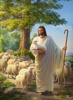 jesus holding a lamb in front of a herd of sheep with the caption,